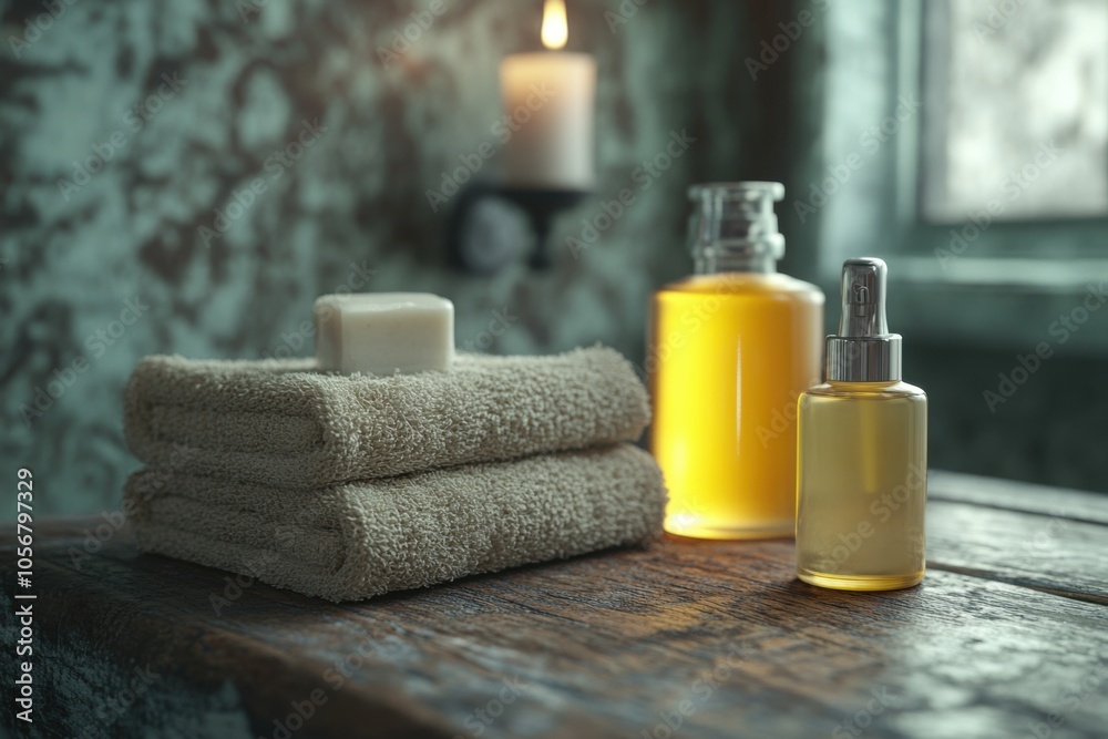 Relaxing Spa Setting with Natural Skincare Products on a Rustic Wooden Table, Featuring a Stack of Soft Towels, a Bar of Soap, and Bottles of Essential Oils, Creating a Serene and Tranquil Atmosphere Relaxing Spa Setting with Natural Skincare Products on a Rustic Wooden Table, Featuring a Stack of Soft Towels, a Bar of Soap, and Bottles of Essential Oils, Creating a Serene and Tranquil Atmosphere
