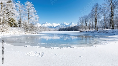 Wallpaper Mural An idyllic winter scene showcasing a frozen pond surrounded by snow-draped trees, with a backdrop of snowy mountains in the distance. The reflection of the trees in the frozen water adds depth, while Torontodigital.ca