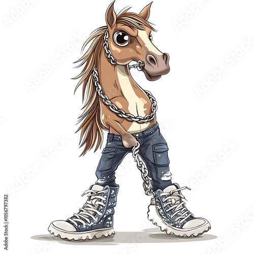 Cartoon horse with a chain and sneakers doing the moonwalk on a white background. photo