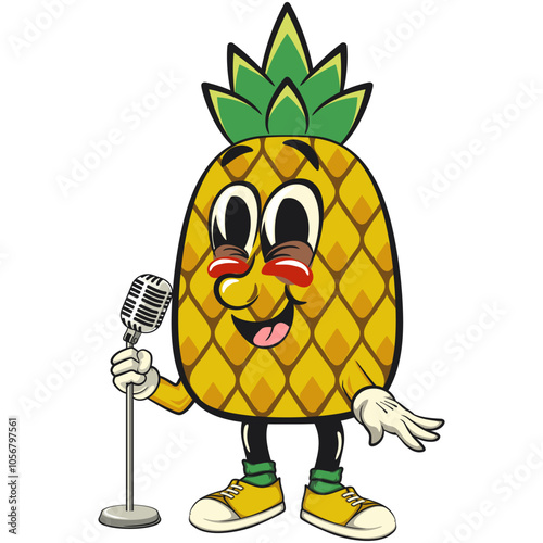 Cute and happy fun pineapple isolated vector cartoon mascot character in front of the mic become a stand up comedian, work of hand drawn