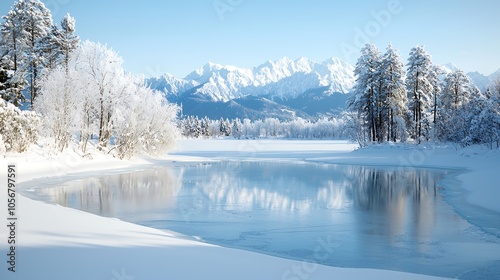 An idyllic winter scene showcasing a frozen pond surrounded by snow-draped trees, with a backdrop of snowy mountains in the distance. The reflection of the trees in the frozen water adds depth, while