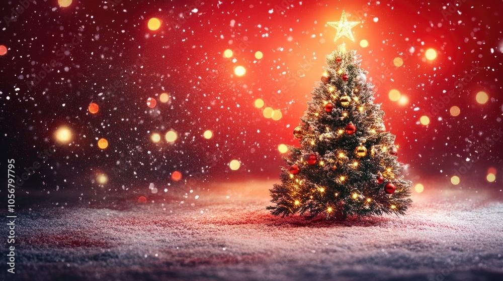 Festive Christmas tree sparkling with radiant lights surrounded by soft snowfall on a vibrant red background Festive Christmas tree sparkling with radiant lights surrounded by soft snowfall on a vibrant red background