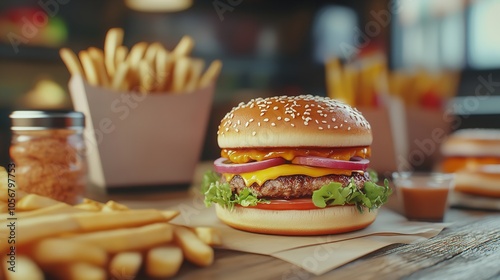 photo of a cheeseburger with lettuce, a package of French fries with sauce,