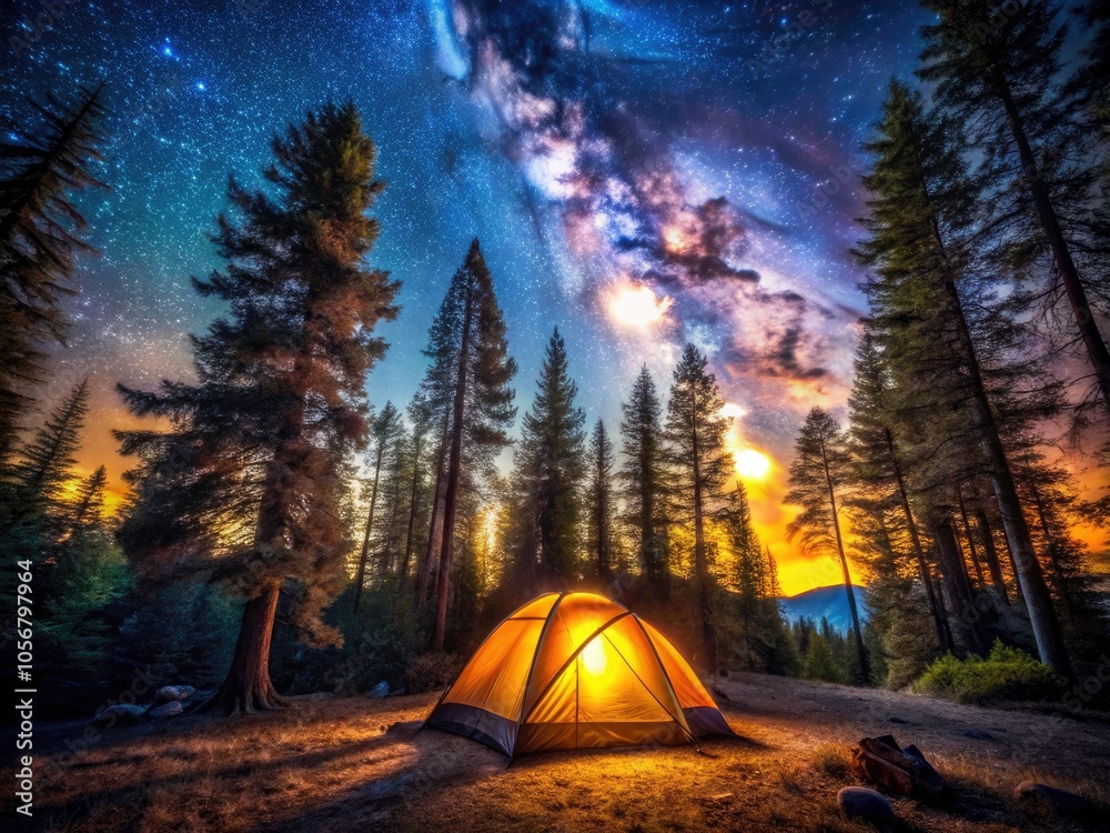Serene Campfire Night in a National Park with Bokeh Lights and Glowing Tent