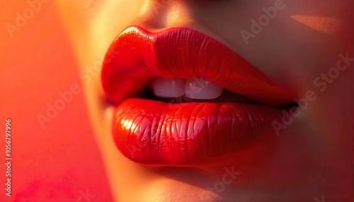 Closeup of a pair of red, glossy, full lips, isloted background photo