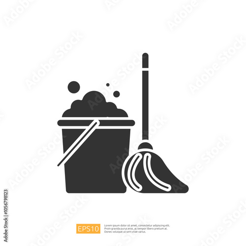 A simple graphic depicting a bucket filled with bubbles and a mop beside it, symbolizing cleaning and maintenance tasks.