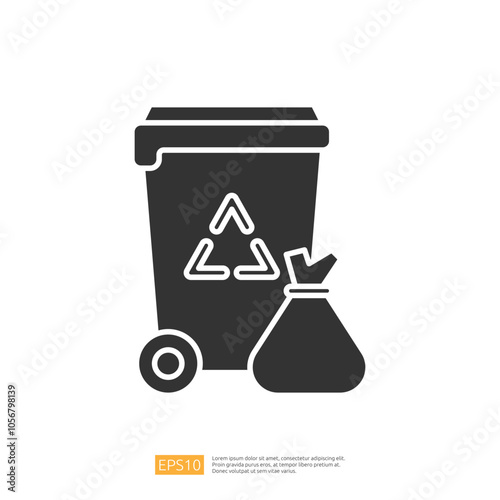 A black silhouette of a recycling bin with a recycling symbol, accompanied by a trash bag and a round item, emphasizing waste management and environmental awareness.