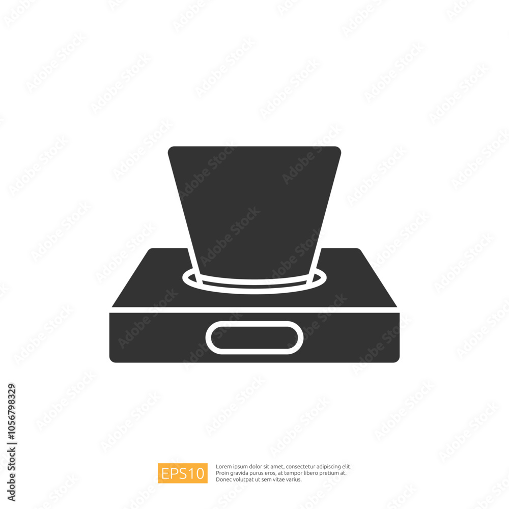The image depicts a simple, stylized icon of a tissue box with a tissue partially pulled out, representing a common household item used for wiping or cleaning. The image depicts a simple, stylized icon of a tissue box with a tissue partially pulled out, representing a common household item used for wiping or cleaning.