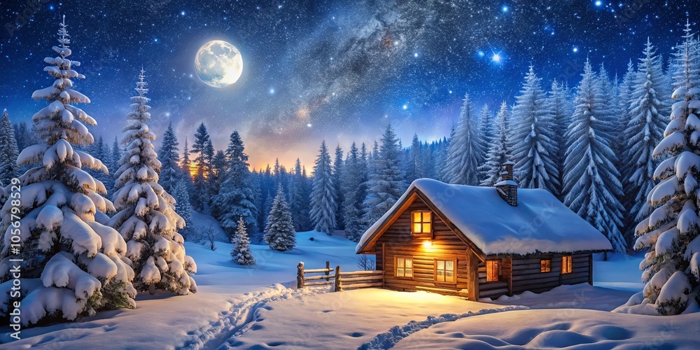 Fototapeta premium A Cozy Cabin Bathed in Moonlight, Surrounded by Snowy Evergreens Under a Starry Night Sky