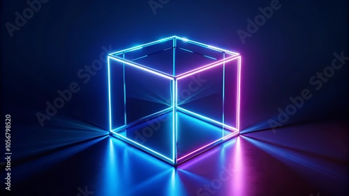 A luminous cube, outlined in vibrant blue and magenta neon, stands proudly on a reflective surface, casting ethereal light patterns in a dark, immersive environment.