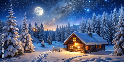 A Cozy Cabin Bathed in Moonlight, Surrounded by Snowy Evergreens Under a Starry Night Sky