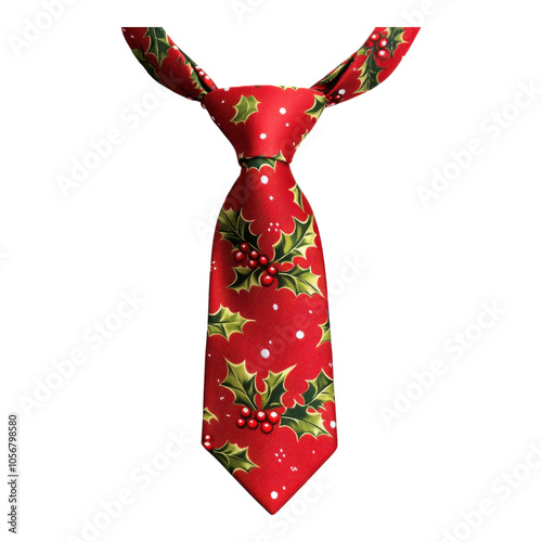 A vibrant red tie adorned with festive holly, perfect for holiday celebrations and Christmas events.