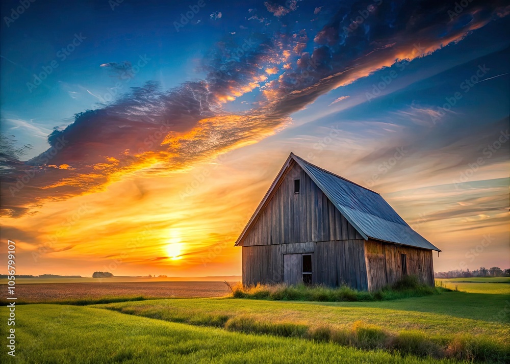 Serene Minimalist Rural Scene Featuring a Barn Under a Stunning Sunset Glow in Low Light for Tranquil Landscape Photography Serene Minimalist Rural Scene Featuring a Barn Under a Stunning Sunset Glow in Low Light for Tranquil Landscape Photography