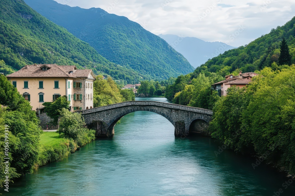 Charming Bridge Over Serene River at Picturesque Waterfront Charming Bridge Over Serene River at Picturesque Waterfront