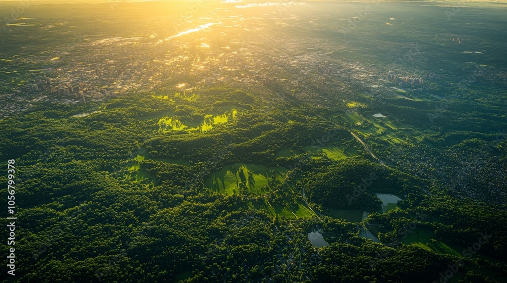 Aerial View of a City Park with a River in the Distance, Sun Glowing Over the Landscape Aerial View of a City Park with a River in the Distance, Sun Glowing Over the Landscape