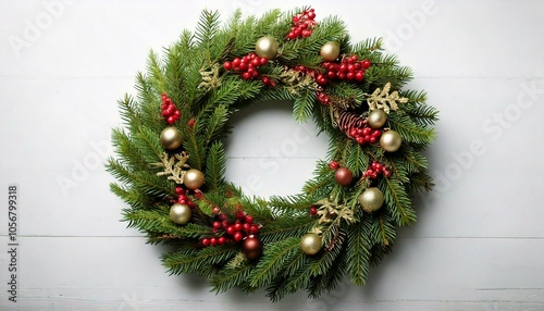 Corona de navidad con adornos de racimos de uvas rojos y adornos dorados y bolas rojas y doradas a fondo blanco