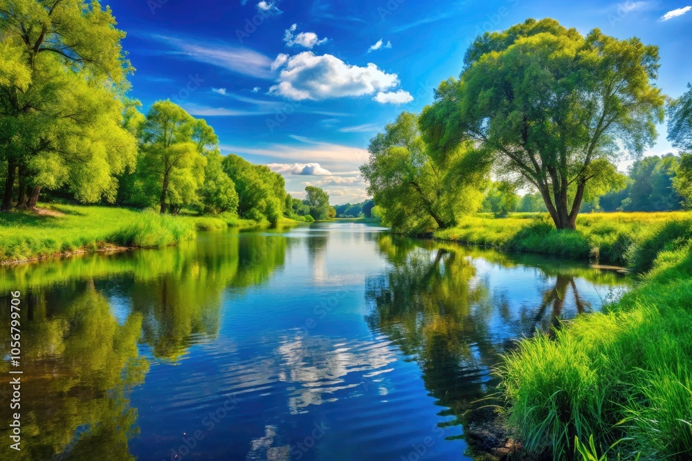 Serene Summer Landscape with Lush Trees, Clear River, and Bright Blue Sky - Perfect for Nature Lovers and Outdoor Enthusiasts Serene Summer Landscape with Lush Trees, Clear River, and Bright Blue Sky - Perfect for Nature Lovers and Outdoor Enthusiasts