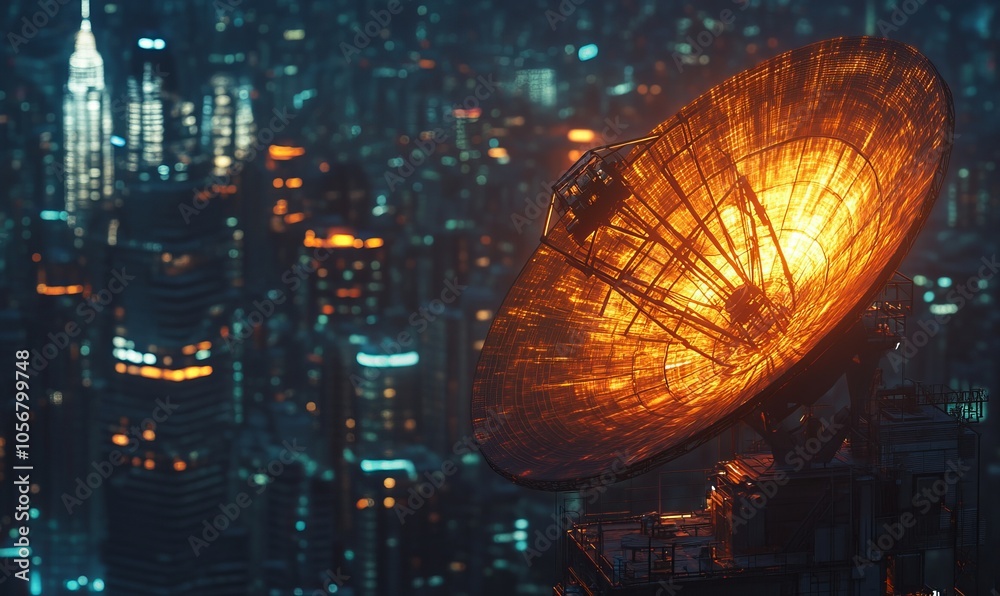 Fototapeta premium A close-up of a glowing satellite dish capturing signals against a night cityscape, showcasing technology and innovation
