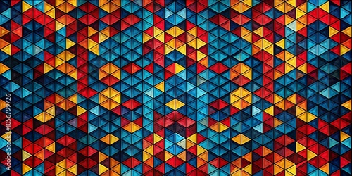 A Repeating Geometric Pattern of Interlocking Triangles in Vivid Hues of Blue, Red, and Yellow