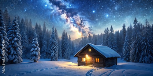 A Cozy Cabin Bathed in the Glow of a Starry Night, Surrounded by a Snow-Covered Forest, with a Milky Way Arcing Through the Heavens