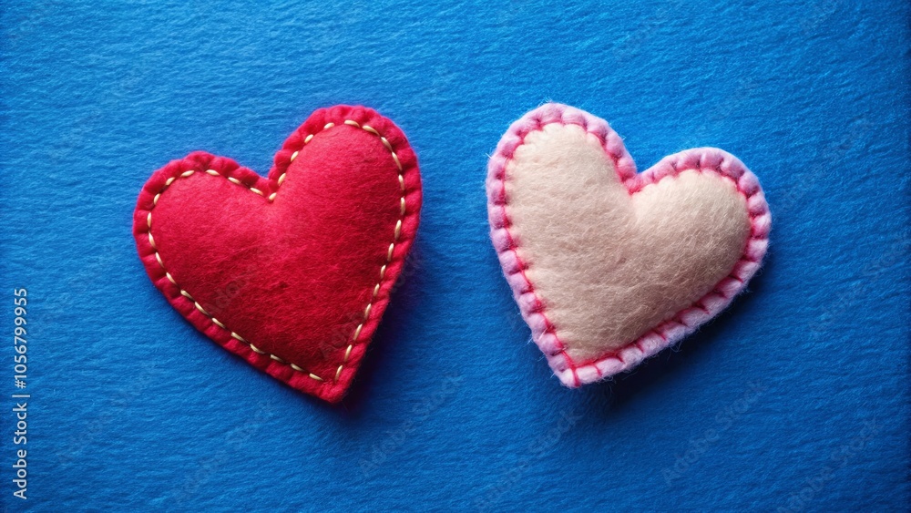 A red heart with golden stitching and a pink heart with pink stitching against a blue background. A red heart with golden stitching and a pink heart with pink stitching against a blue background.