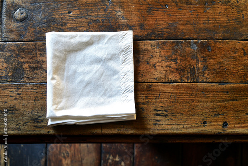 White paper napkin center on old wooden table