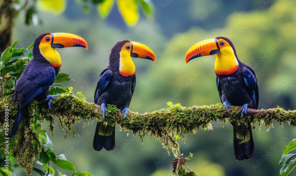 Obraz premium Three vibrant toucans perched on a mossy branch in a lush green forest during the day
