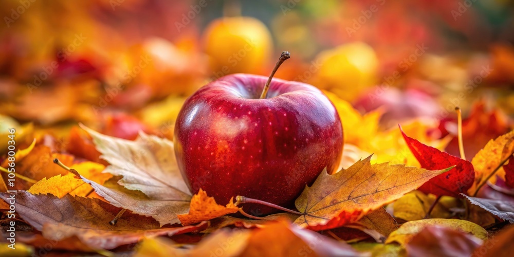 Shiny Red Apple on Autumn Leaves - Nature's Freshness in Silhouette Photography Shiny Red Apple on Autumn Leaves - Nature's Freshness in Silhouette Photography