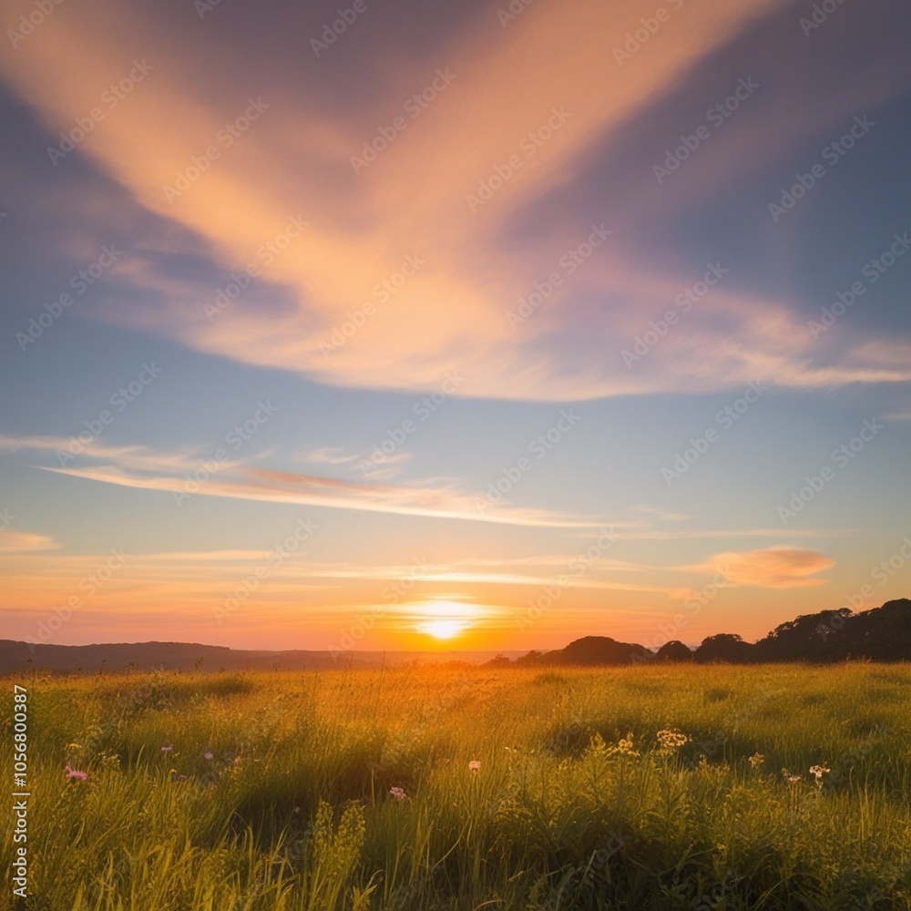 A serene field bathed in warm, golden light at sunset, with the sky ablaze in hues of orange, pink, and purple, gradually darkening to a soft blue towards the horizon, adorned with a few wispy clouds, A serene field bathed in warm, golden light at sunset, with the sky ablaze in hues of orange, pink, and purple, gradually darkening to a soft blue towards the horizon, adorned with a few wispy clouds,