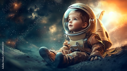 A pintsized explorer in a toy rocket ship, equipped with a makeshift oxygen tank and miniature space tools, boldly discovering the mysteries of the universe in a playful and imaginative spacewalk. photo