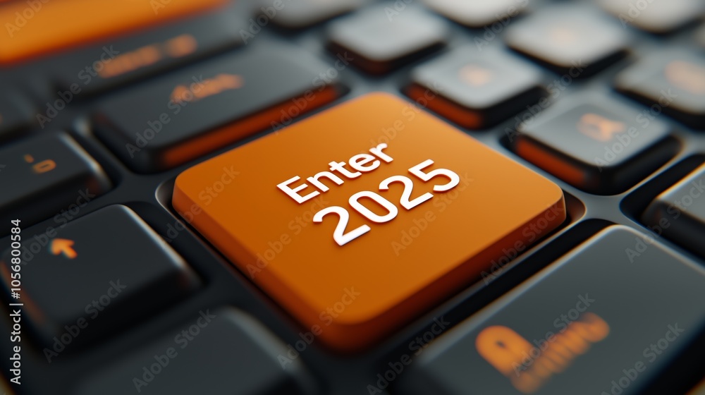 An orange button with the Enter 2025 new year on a keyboard Happy new year 2025 celebration template An orange button with the Enter 2025 new year on a keyboard Happy new year 2025 celebration template