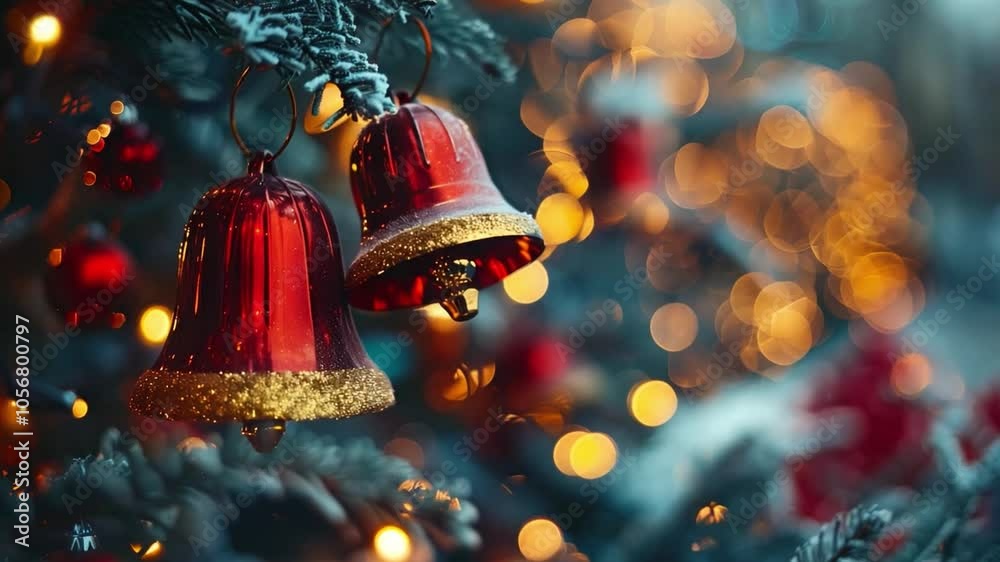 This Festive red bells adorn a Christmas tree amidst glowing lights, capturing holiday cheer.