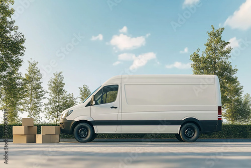 White transport van with blank side mock up with box's on white background