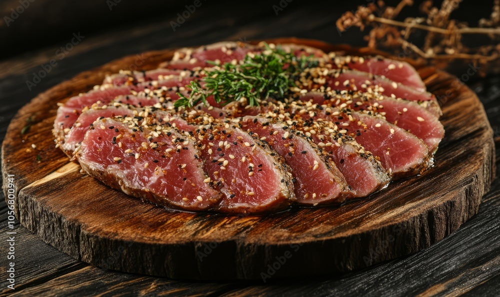 Traditional Japanese tuna tataki steak with sesame and spice served sliced and whole on a vintage wooden platter Traditional Japanese tuna tataki steak with sesame and spice served sliced and whole on a vintage wooden platter