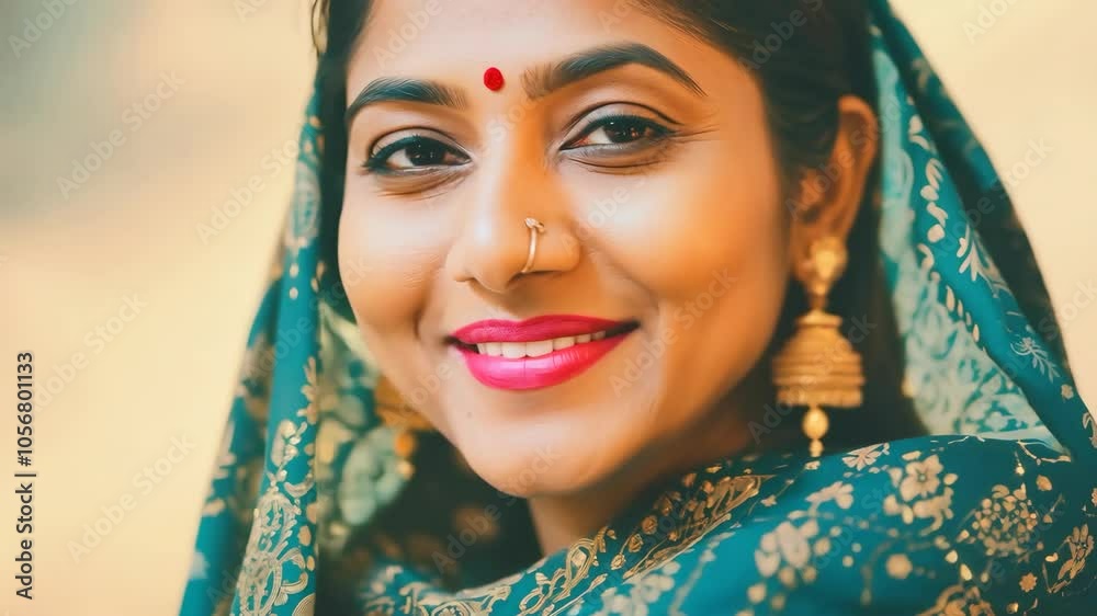 Smiling woman in traditional attire with nose ring and earrings Smiling woman in traditional attire with nose ring and earrings