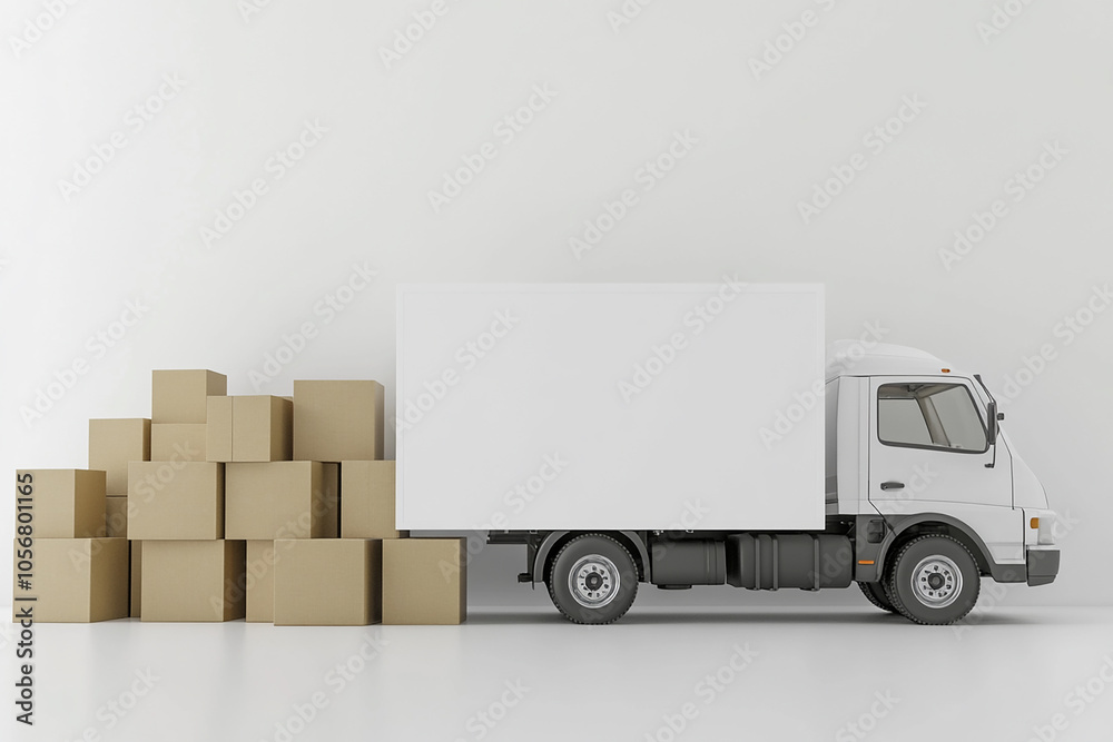 White transport truck with blank side mock up with box's on white background White transport truck with blank side mock up with box's on white background