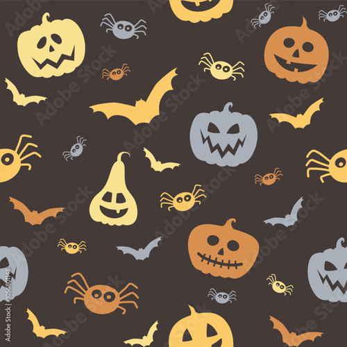 Creepy Halloween wallpaper with pumpkins, bats and spiders. Seamless pattern. Vector