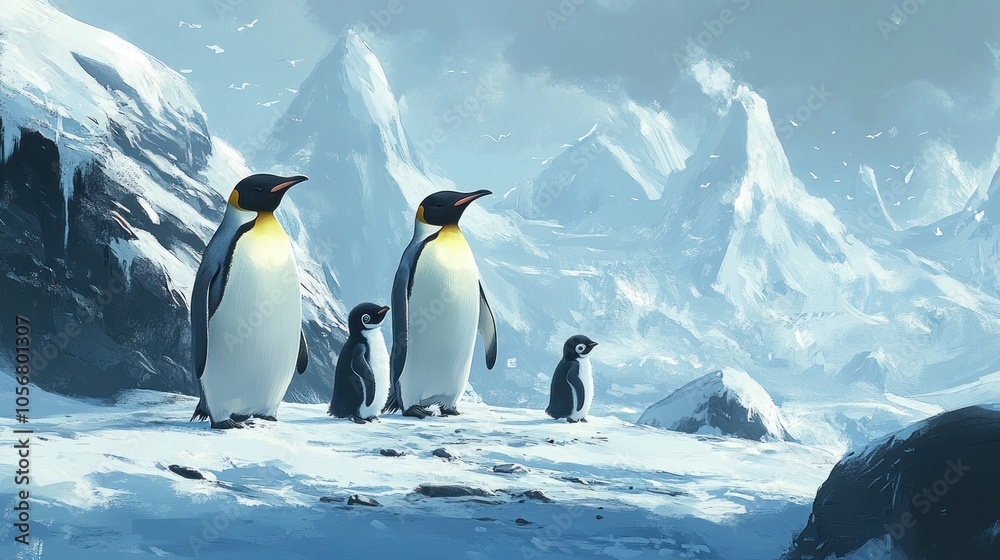 Fototapeta premium Penguin Family in a Snowy Landscape