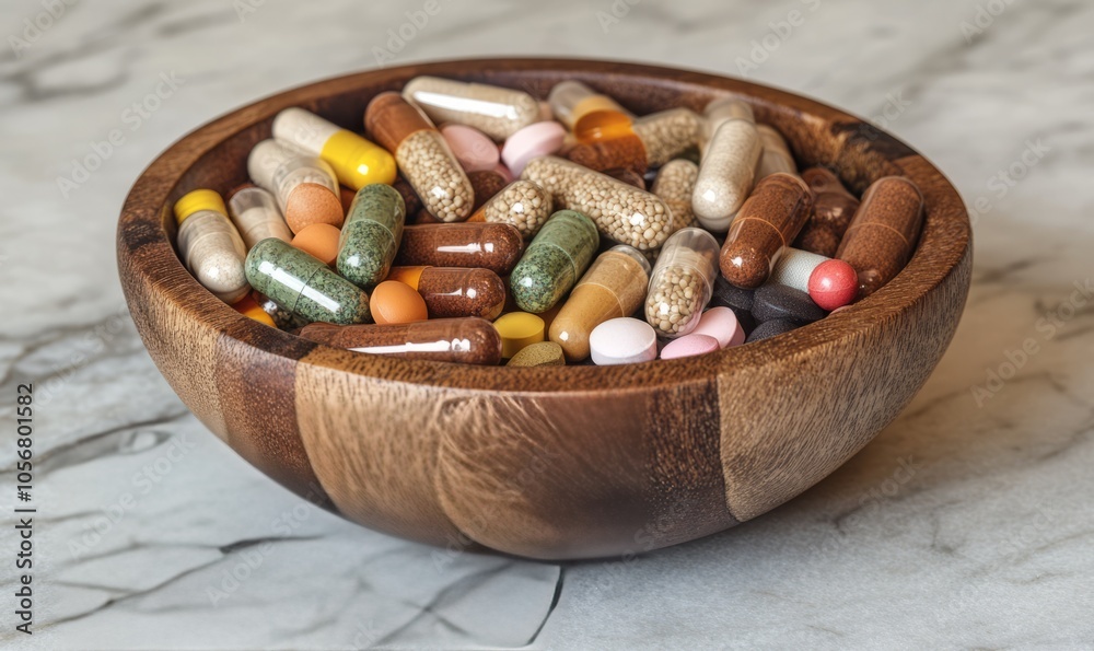Wooden bowl full of different pills and capsules on marble table. Vitamins and minerals, superfood, dietic supplements, healthy diet. Wooden bowl full of different pills and capsules on marble table. Vitamins and minerals, superfood, dietic supplements, healthy diet.