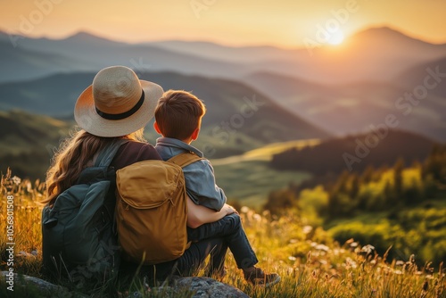 Mom and child exploring mountain vistas at sunset panorama in landscape