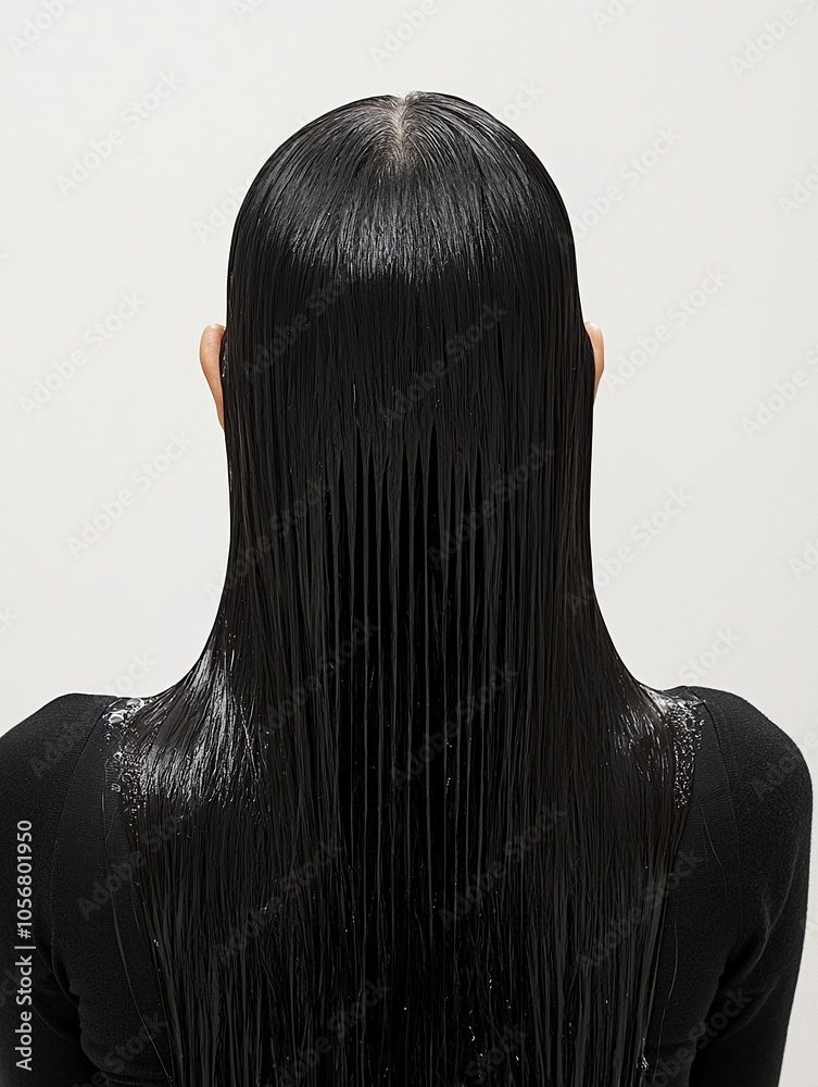Fototapeta premium A young Asian woman is washing her hair with clean water, with long straight black hair,This is a high-resolution,generative ai