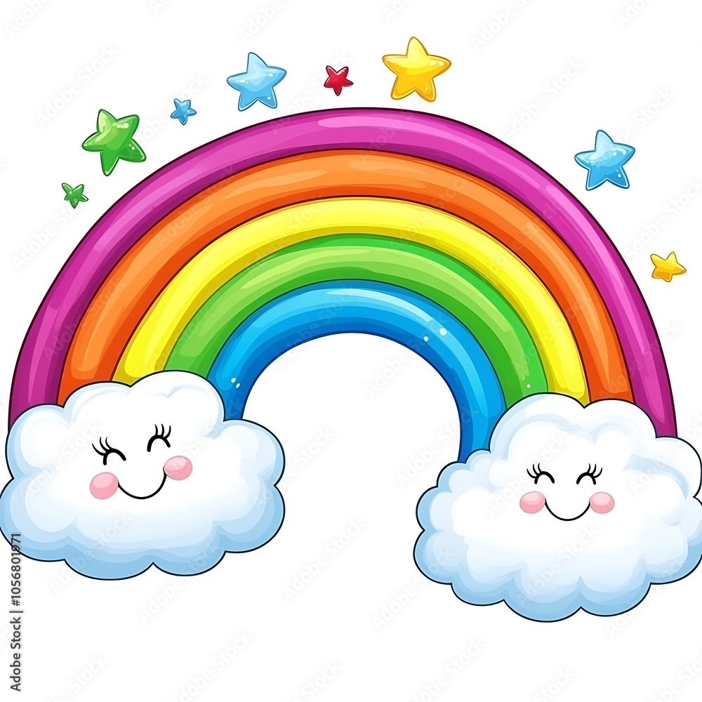 Cartoon rainbow with smiling clouds, spreading happiness on a white background. Cartoon rainbow with smiling clouds, spreading happiness on a white background.