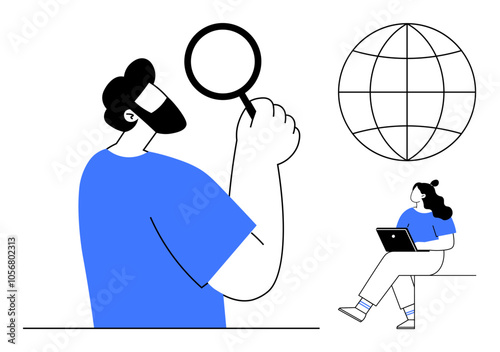 Man holding magnifying glass peers intently, while woman sits with laptop. Globe outline symbolizes global reach. Ideal for business analysis, research, teamwork, online education, innovation