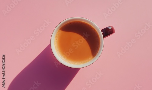 a cup of coffee seen from above on a pink background