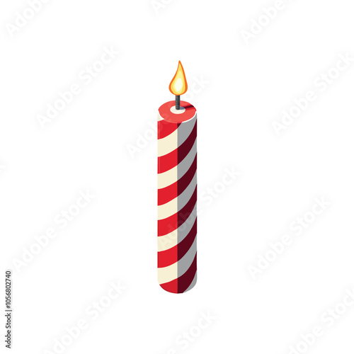 Red and White Striped Candle on White Background with Flame