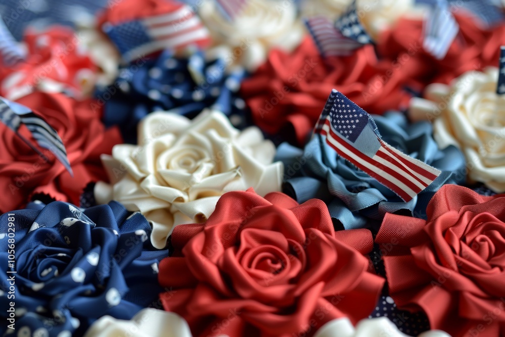 Close-up of a patriotic floral arrangement featuring red, white, and blue fabric flowers with small American flags. Close-up of a patriotic floral arrangement featuring red, white, and blue fabric flowers with small American flags.
