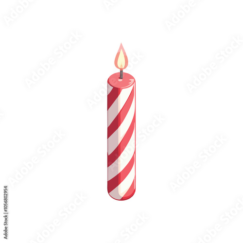 Red and White Striped Candle on White Background with Flame