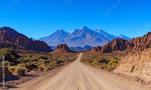 A dirt road cutting through a vast desert landscape, with majestic mountains in the distance under a clear blue sky