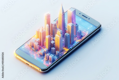 Wallpaper Mural 3D render of a conceptual city emerging from a smartphone screen. Top view of illustration isolated on white background. Torontodigital.ca