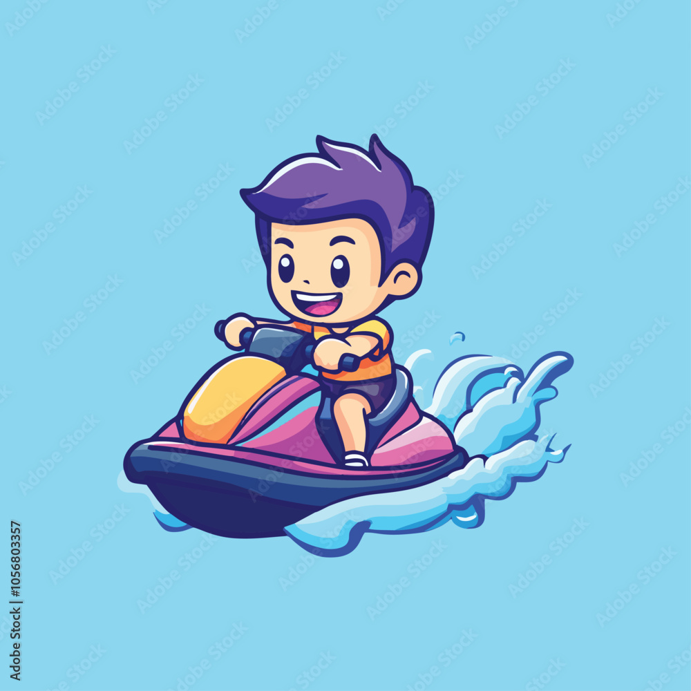 Naklejka premium Cartoon Boy Enjoying Speed on Jet Ski Over Clear Blue Water Feeling Happy